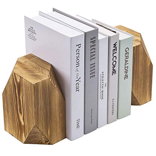 MyGift Brass Wood Decorative Bookends Triangular Design, Office Desk Wooden Book Ends, Book Stand for Shelves with Tone Ring Accent - color: Brown