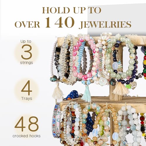 LadyRosian 3-Tier Wooden Rotating Jewelry Display Stand | Bracelet & Keychain Organizer with Advertising Board | 48 Hooks Rustic Holder for Vendor Booth & Stores (3-Tier Square Slot Display) - color: 3-Tier Square Slot Display
