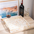 PEMAR Handcrafted Mother of Pearl Decorative Tray with Handles - 12" Square Mosaic Inlay Organizer for Coffee Table, Ottoman, Vanity & Bathroom - Luxury Coastal Home Decor (White Cream Squares)