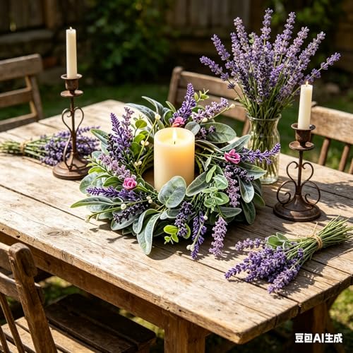 6 Pcs Mini Lavender Candle Rings Wreaths Purple Daisy Pillar Holder Wreath Artificial Wild Flower Spring Summer Floral Wreath for Farmhouse Porch Cabinets Table Decoration - color: Lavender