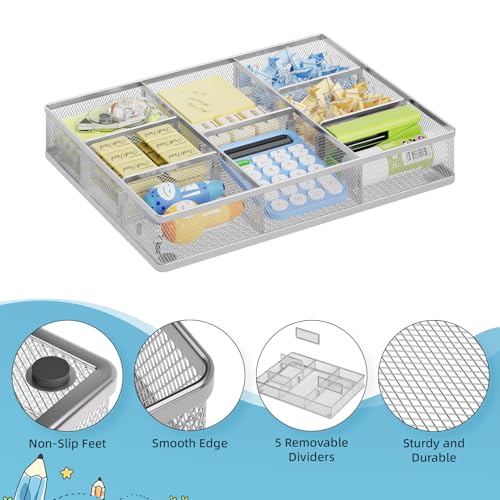 Marbrasse Desk Drawer Organizer, Metal Mesh Drawer Organizer Tray with 5 Adjustable Compartments,Desk Organizers and Accessories for Home,Office,Kitchen,Makeup,Vanity (Silver) - color: Silver