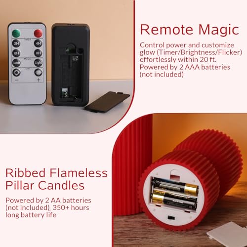 Red Ribbed Flameless Pillar Candles with Remote, Battery LED Wax Candles Flickering Valentines Day Decor Gift Set of 2 - color: Red