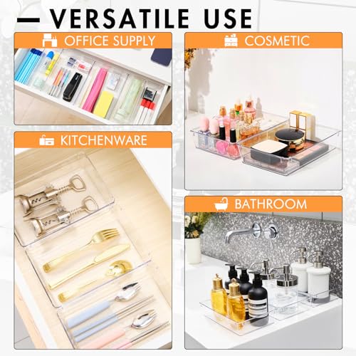 HOUSE DAY Desk Drawer Organizer Bins 6 PCS, 9*6*2" Clear Drawer Organizers with Silicone Pads, Vanity Organizers and Storage, Non Slip Plastic Drawer Organizer for Makeup, Bathroom, Kitchen, Office - size: 6 Pack -9x6x2"