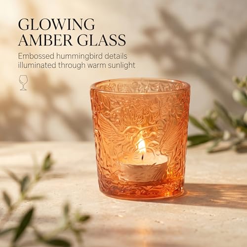12 Pack Hummingbird Embossed Glass Candle Holders – Votive Tealight Holders with Patent Design, Decorative Embossed Glass Cups for Wedding Centerpieces, Parties, and Home Décor (Pumpkin Spice) - color: Pumpkin Spice