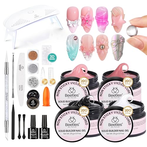 Beetles Solid Builder Gel for Nails,4 Colors Clear Pink White 3D Sculpting Gel Non-Sticky Hand Carving Nail Glue for 3D Nail Art with 3D Mold Chrome Powder Tools Salon DIY at Home,UV&LED Needed - color: Beetles Bubblegum Glow 3D Nail Art Gel Kit