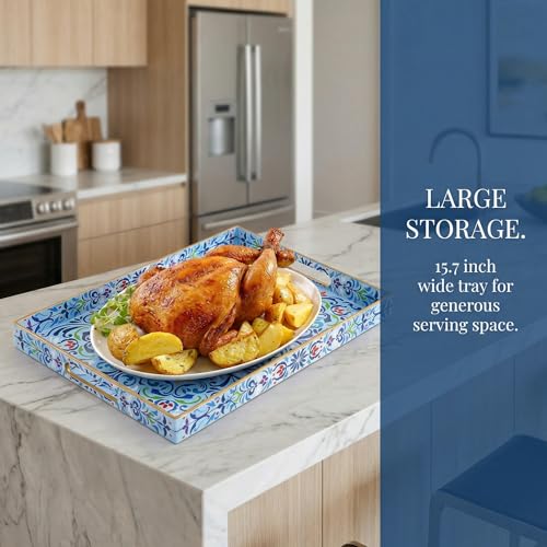 Hiceeden Set of 2 Boho Floral Serving Tray with Handles, 15.7" x 11.8" Decorative Plastic Ottoman Tray, Modern Large Coffee Table Server for Living Room, Bathroom, Kitchen, Rectangle, Blue