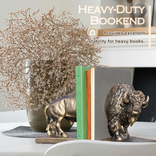 Decorative Bookends, Art Book Ends for Heavy Books, Heavy Bookends for Shelves, Vintage Non-Slip Base Book Holder, Resin Book Stopper for Home Office Decor (Copper Buffalo) - color: Copper Buffalo