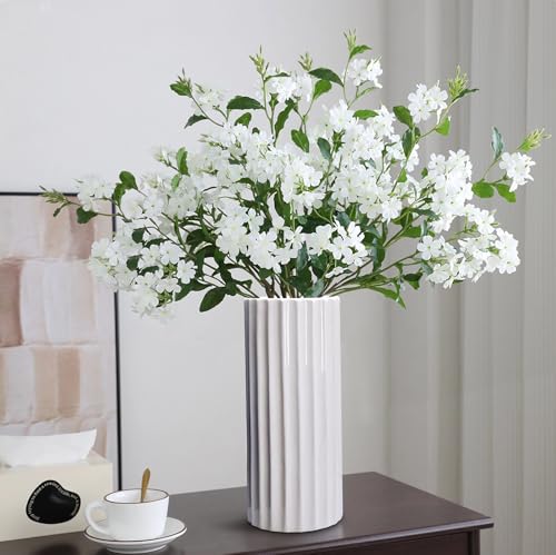 GeLive Glazed White Ceramic Vase Ribbed Straight Cylinder Minimalist Waterproof Flower Vase, Home Decor Centerpiece for Fresh Bud Artificial Dried Flowers 9 Inch Height - style: Straight Cylinder