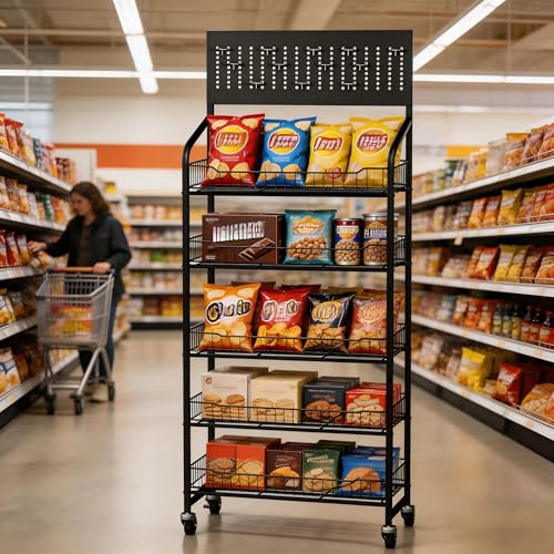 5-Tier Metal Display Rack Large Snack Shelving Unit with Hanging Panels and 12 Hooks 4 Casters for Easy Mobility Freestanding Display Unit Ideal for Supermarkets and Retail Stores (65.23H*23.8W*10.4D) - size: 65.23H*23.8W*10.4D