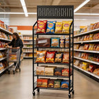 5-Tier Metal Display Rack Large Snack Shelving Unit with Hanging Panels and 12 Hooks 4 Casters for Easy Mobility Freestanding Display Unit Ideal for Supermarkets and Retail Stores (65.23H*23.8W*10.4D) - size: 65.23H*23.8W*10.4D