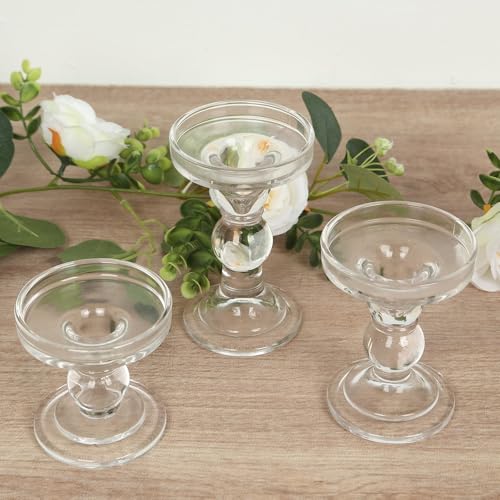 Efavormart Set of 3 Clear Premium Glass Pillar Candle Holders with Round Candle Tray, Crystal Ball Stem Taper Candlestick Stands Tea Light Holders with Stable Base - 3.5",4.5",5.5" - color: Type11