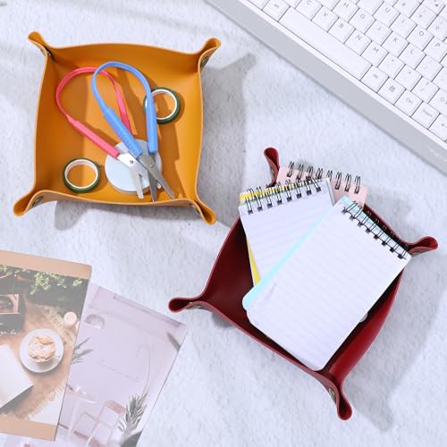 12 Pcs PU Leather Valet Tray, Foldable Catchall Organizer with Snap Buttons, Double Sided Key Tray for Entryway, Desk, Travel, Phone, Keys, Jewelry - 12 Colors - size: Large