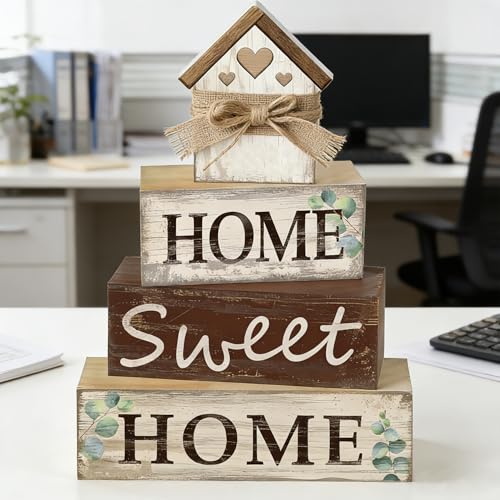 4 Pcs Farmhouse Tiered Tray Decor Home Sweet Home Rustic Wooden Tabletop Sign Neutral Heart House Shaped Shelf Mantle Kitchen Decoration Housewarming Gifts - style: Home