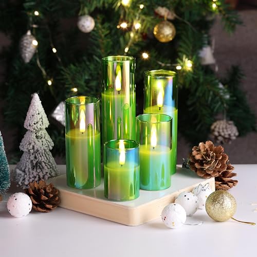 Eywamage Green Glass Flameless Candles with Remote Batteries, LED Pillar Candles Flickering Spring Home Decor Set of 5 - color: Green