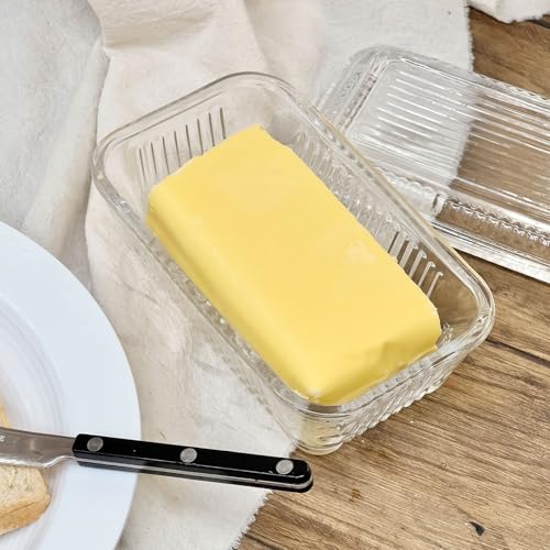 Clear Glass Butter Dish with Lid for Countertop, 6.5" Crystal Butter Dish with Cover, Covered Butter Tray for Refrigerator - size: 6.5inch
