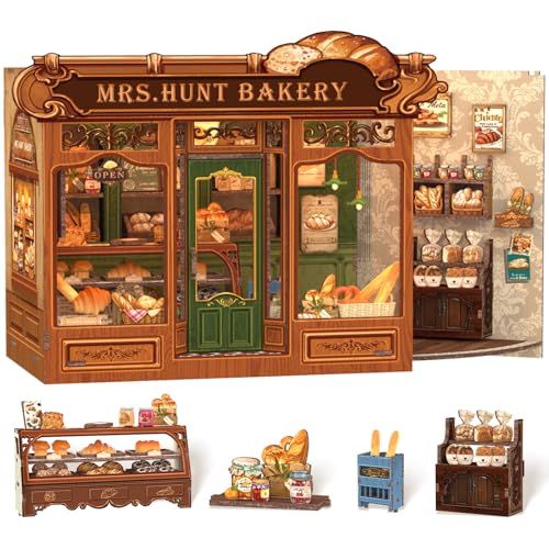 Cutefun Book Nook Kit - DIY Miniature Bread Shop Booknook Kits for Adults and Teens, 3D Wooden Puzzle Bookend Bookshelf with LED Light, Creative Crafts Gifts for Book Lovers (Mrs.Hunt Bakery) - style: Mrs.Hunt Bakery