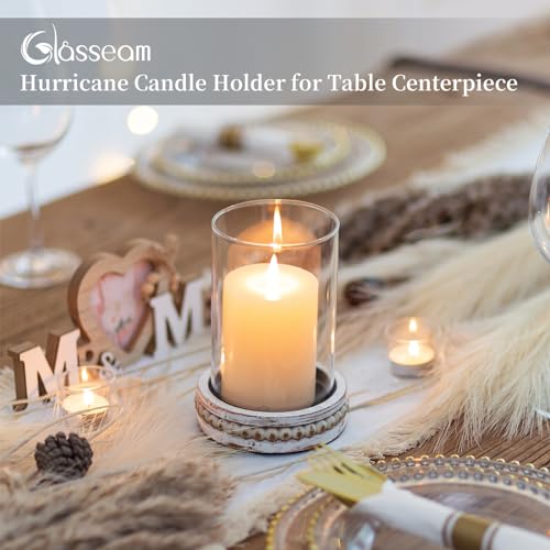 Glasseam Hurricane Glass Candle Holders, Rustic Pillar Candle Holder Set of 2, Farmhouse Candle Holders for Table, Cylinder Candle Holder with Beaded Candle Plates for Dining Living Room Decorations