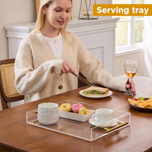 11"x14" Clear Acrylic Serving Tray with Golden Handles, Sturdy Huge Capacity Acrylic Tray for Coffee, Juice, Kitchen and Desk Organizer (11"x14") - size: 14" x 11" x 2"