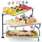 Lifewit 3 Tier Serving Tray, 30 x 17 cm/12 x 6.5" White Plastic Tiered Food Serving Platters, Rotating Tiered Tray Stand for Party with Black Collapsible Metal Stand, Dessert Table Stands for Cookies - size: 12" x 6.5", style: Rotatable