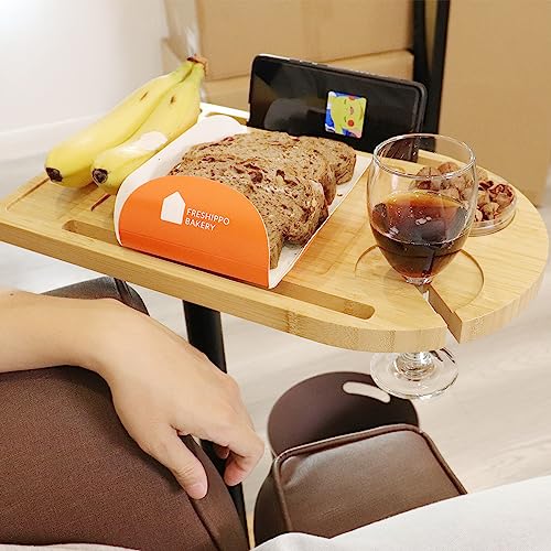 YUHFERA 360° Rotatable Sofa Tray Table for Couch Arm - Height Adjustable End Table for Bed or Chair with Phone & Tablet Slots, TV Tray Table, Side Table Tray for Small Spaces（Bamboo,Arc） - color: Natural
