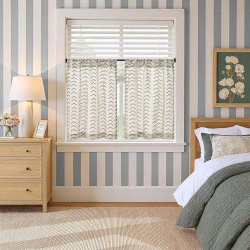 jinchan Boho Linen Blend Kitchen Curtains 24 Inch Length Herringbone Printed Tier Curtains for Small Windows Bathroom Cafe Laundry Room Set of 2 Rod Pocket Black on Linen - color: Arrow | Black on Linen, size: 26"W x 24"L (Pack of 2)