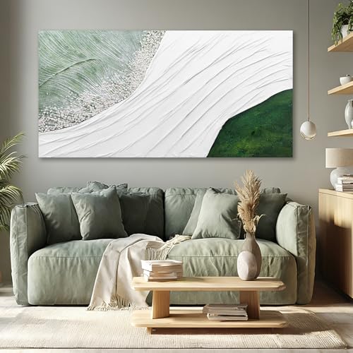 Hue7Art Modern Abstract Landscape Canvas Wall Art in White and Soft Green Tones, Flowing Line Texture Artwork Inspired by Nature for Living Room Bedroom Wall Decor 24x48 Inch - color: White and green, size: 48"L x 24"W