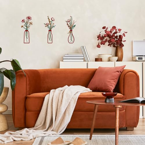 Pigort 3 Pieces Metal Vase Flowers Wall Arts - Rustic Farmhouse Style Décor Metal Wall Art Black Minimalist Flower Natural Themed Wall Decors for Home Bedroom Dining Room Housewarming (Red, Vase-C) - color: Red