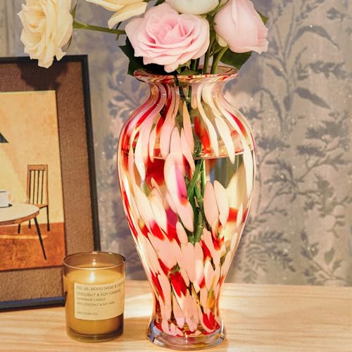 QFkris Hand Blown Glass Vase for Flowers, 12 Inch Tall Crystal Flower Vases for Bouquet Home Decor Decorative Centerpieces, Unique Galentines Day Gift, Gift for Her Lover Girlfriend - style: Tall
