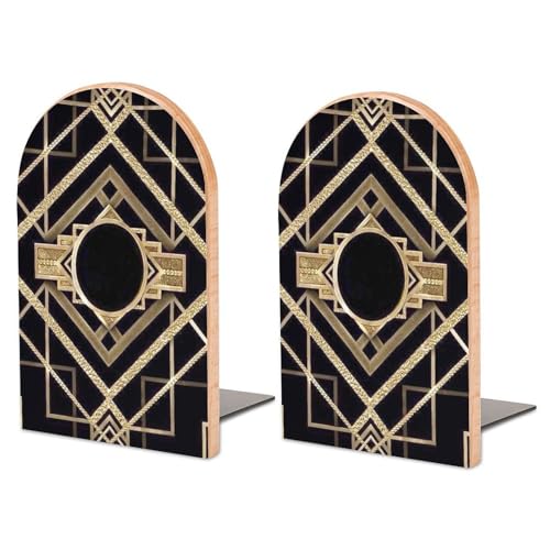 Wooden Bookends 2 Pcs,Art Deco Vintage Heavy Duty Office Book Ends Anti Slip Book Shelf Holder with Metal Base Decorative Book Stands - color: Art Deco Vintage