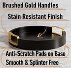 Round Decorative Tray - 12 Inch Round Black Tray with Gold Metal Handles - Stain Resistant Serving Trays for Decor - Decorative Trays for Coffee Table, Ottoman, Bar, Vanity, Kitchen, Bedroom & More