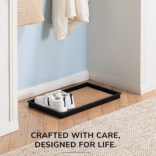 Anji Mountain Heavy Duty Waterproof Rubber Shoe Storage Mat Organizer/Boot Storage Tray Multi Use For Entryway with Coir, Tan and Blue Insert, Fits 2 Pair (24.5" Wide) - color: Tan and Blue, size: 24" x 14" x 1.5"