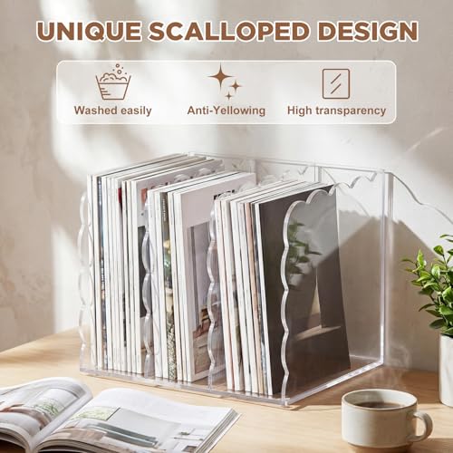 Suzile Scalloped Acrylic Magazine File Holder, 3-Compartment 4mm Thick, Clear Desk Organizer Vertical Bookends Organization for Office, Binders, Documents, Tablets, Magazines, Books