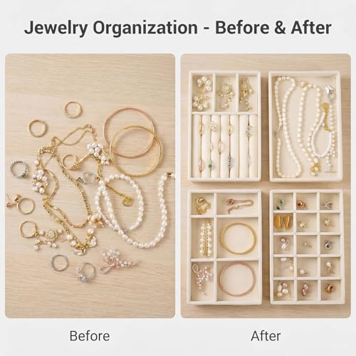 Velvet Jewelry Organizer for Drawer, Stackable Jewelry Drawer Inserts in Dresser, 8in Beige Storage Display Case for Rings Stud Necklaces Accessories, Set of 4 - color: 1 set