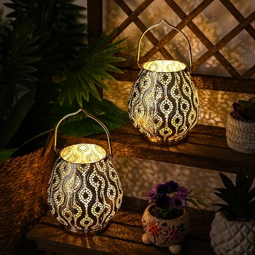 TRIROCKS Set of 2 Moroccan Decorative Lamps 8'' High Cordless Lamp Metal Table Lamps with Fairy Lights Bulb for Home Living Room Garden Yard Party Events Tabletop Indoor Outdoor(Gold) - color: Gold