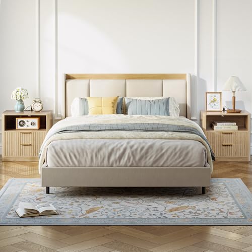 IRONCK Fluted Night Stand Set of 2, Modern Nightstand with Charging Station, Drawers and Open Shelves - Bedside Table Wood Side Table Set for Bedroom, Oak - color: Oak