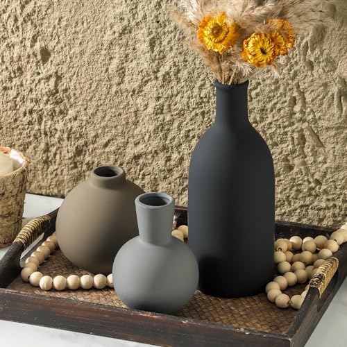Ceramic Vase Set of 3 | Neutral Vases Home Decor | Modern Flower Pottery Vases Rustic Farmhouse Vase for Table Entryway Mantel Centerpiece Bookshelf Living Room Bathroom Bedroom -Multicolor Large - color: Multicolor - Larger