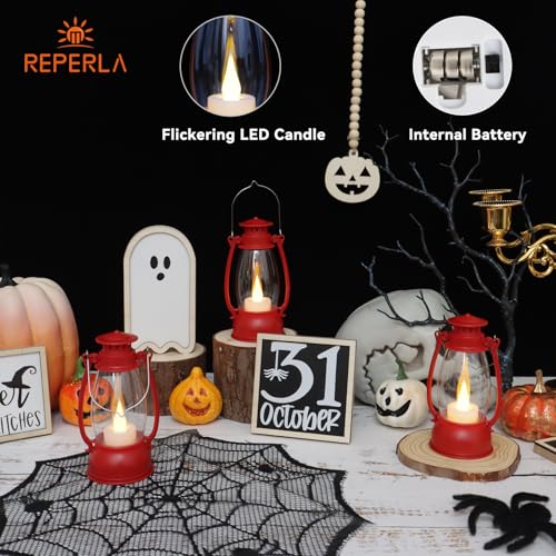 12Pcs Red Mini Lanterns for Centerpiece – Vintage Lantern Decor for Christmas, Halloween, Weddings & Western Party – Hanging Ornaments Bulk with Flicker LED Candle for Cowgirl, Camping Decor - color: Pure Red-12pcs
