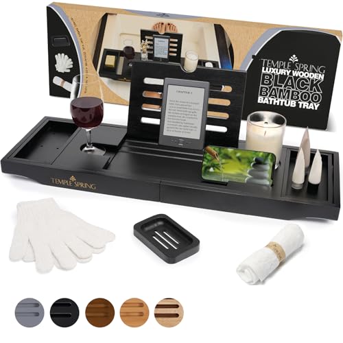 Temple Spring Bamboo Bathtub Tray Caddy for Tub — Expandable Wood Bath Tray with Solid Book Stand Wine Holder and Non-Slip Pads — Includes Bamboo Soap Dish and Spa Accessories — Luxury Bath Gift Set - color: Black