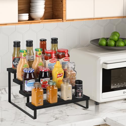 YINMIT Wooden Display Riser Stand, Tiered Perfume and Cologne Organizer Stand, 4 Tier Spice Rack Organizer, Rustic Display Shelf for Candles (4 Tier,Black) - color: 4 Tier,Black