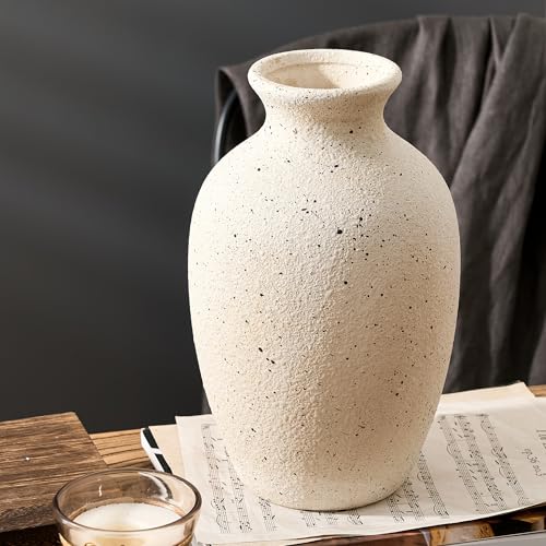 Large Ceramic Rustic Flower Vase, 10.43 Inch Tall Vintage Pottery Home Decor, Antique Farmhouse Terracotta Vase for Living Room, Table, Shelf, Mantel Decoration, Farmhouse - Cream-White - color: Cream-white- 10.43"