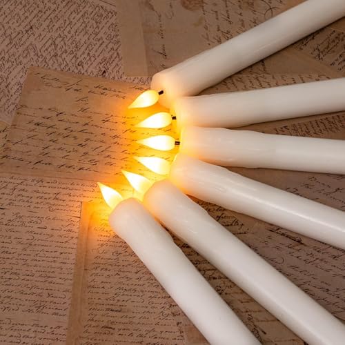 Homemory Real Wax LED Flameless Taper Candles with Timer, Dripless Fake Candlesticks with 3D Flickering Flame, 9.6 Inches White Window Candle for Fireplace Christmas Halloween - style: Farmhouse - White 9.6"
