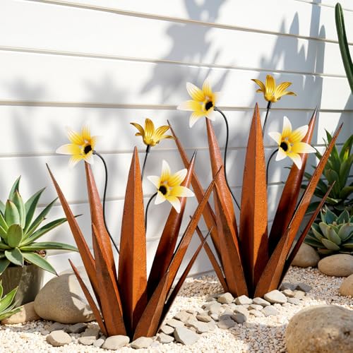 2 Pack Metal Agave Plant Sculptures, Outdoor Agave Plants, Tequila Rustic Sculpture, 16” Hand Painted Garden Decoration Yard Art Plant - color: Rust 2pcs W/ Flower