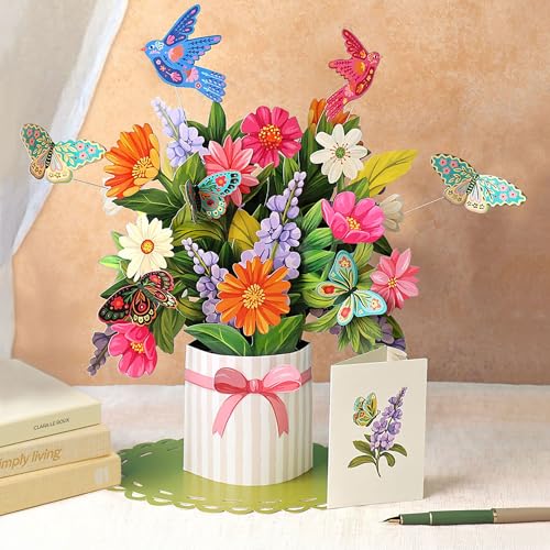 Freshcut Paper Pop Up Cards, Enchanted Garden, 12 Inch Life Sized Forever Flower Bouquet 3D Popup Greeting Card, Birthday Cards, Thank You Card, Blank Notecard & Envelope - color: Enchanted Garden, size: Classic