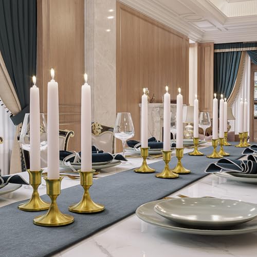 zeochyni 12PCS Brass Gold Taper Candle Holders Set, Vintage Metal Candlestick Holders for Dinner Room Table Centerpiece or Mantel Wedding Party Decor - color: Gold, size: Set of 12
