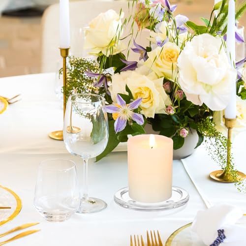 Toyvian Glass Candle Plates: 4pcs Pillar Candles Pedestal Clear Holders Round Trays for Wedding, Tealight Stand Table Centerpieces for Bathroom Dining Room Table Christmas Dinner Decor, 4inches