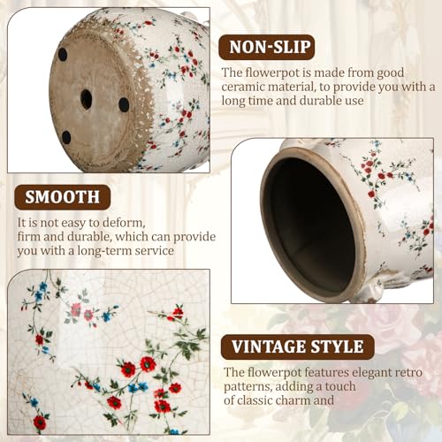 Ceramic Scroll Planter 6.5 Inch Chinoiserie Floral Vase with Drainage Holes Vintage Flower Vase Flower Pot Rustic Ceramic Pots for Indoor Plants Garden Home Bookshelf Decor(Milky) - style: Milky