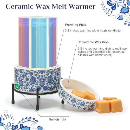 NAFANG Blue & White Porcelain Pattern Wax Melt Warmer,Ceramic 3-in-1 Electric Candle Wax Warmer for Scented Wax Melter Oil Burner for Home Office Bedroom Gift & Decor (with KD Iron Shelf)