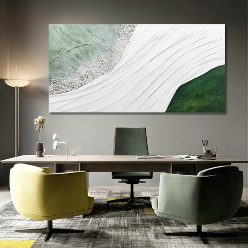 Hue7Art Contemporary Abstract Nature-Inspired Canvas Wall Art with White Flowing Lines and Green Accents, Minimalist Textured Artwork for Living Room Bedroom Office 29x58 Inch - color: White and green, size: 58"L x 29"W