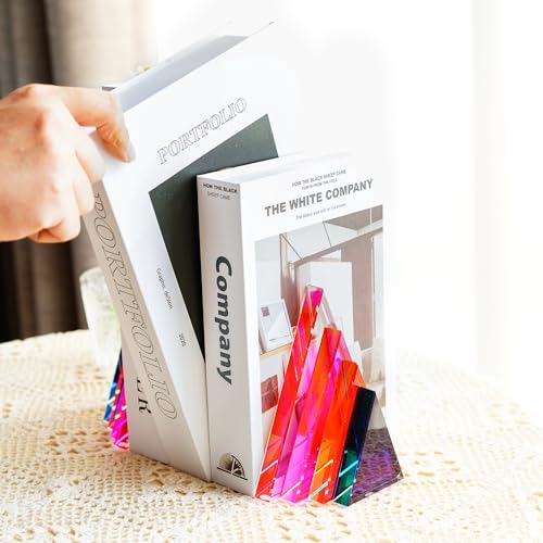 H&D HYALINE & DORA 1Pair 3Lbs Crystal Bookends for Shelves Decorative Glass Bookends for Heavy Books Geometric Triangle Shape Non-Skid Book Ends Heavy Bookends Home Office Decor(Colorful) - color: Triangle