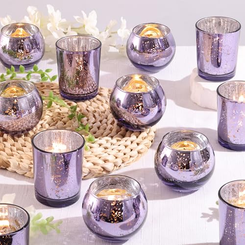 DEVI 12 Pcs Assorsted Purple Votive Candle Holders for Tea Lights & Votives, Mercury Glass Candle Holder Bridal Shower Party Table Decorations, Wedding Table Decorations for Home Party, - color: Purple